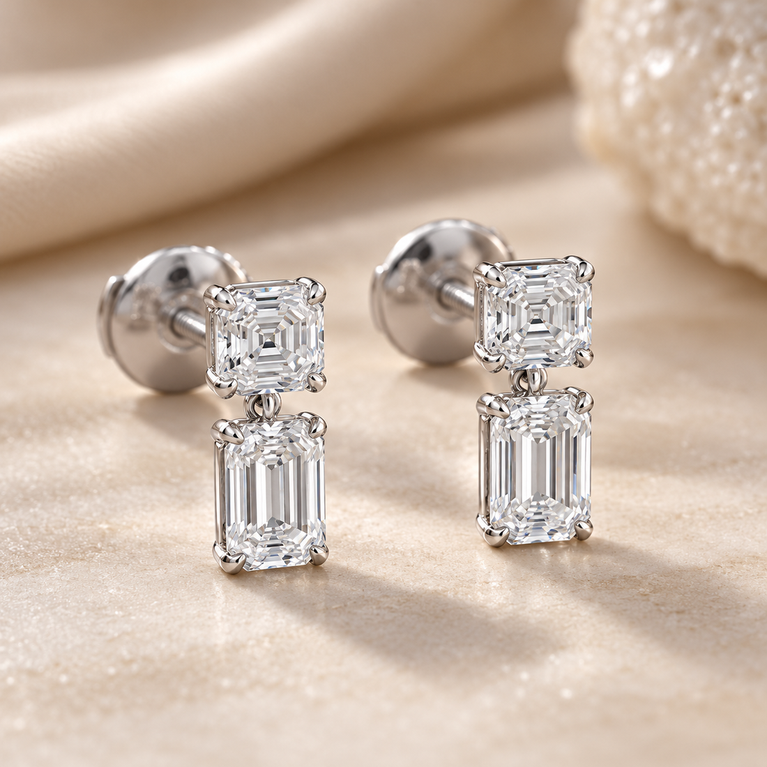 Asscher & Emerald Cut Two-Stone Drop Earrings with Screw Backs
