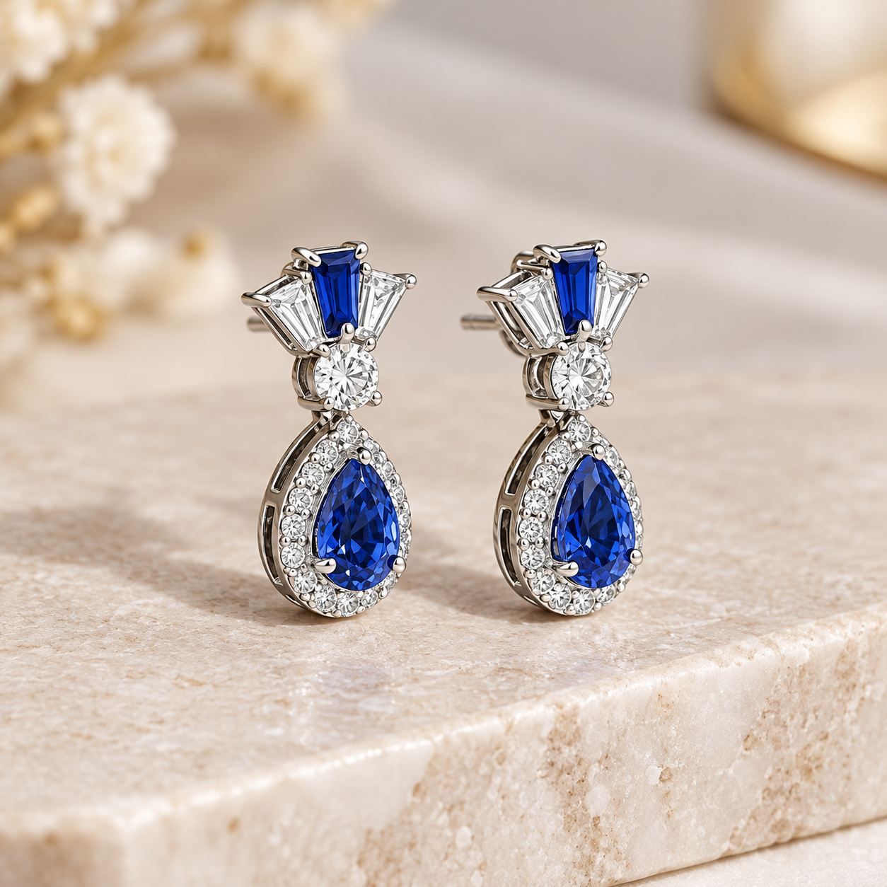 Blue Pear Halo Drop Earrings with Tapered Baguette Accents