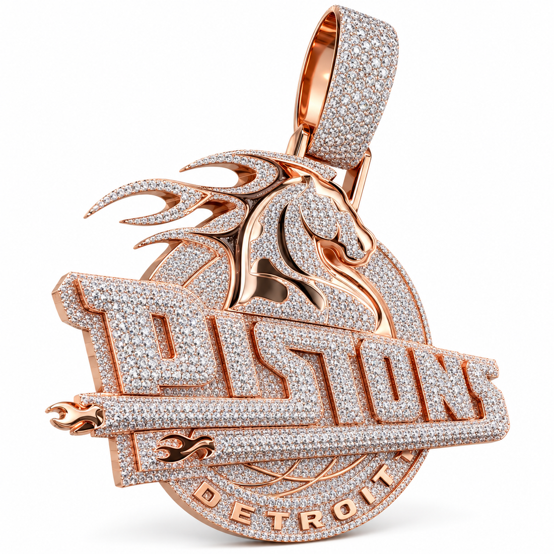 Detroit Pistons Horse Logo Style Iced Out Rose Gold-Tone Pendant – Basketball Hip Hop Jewelry