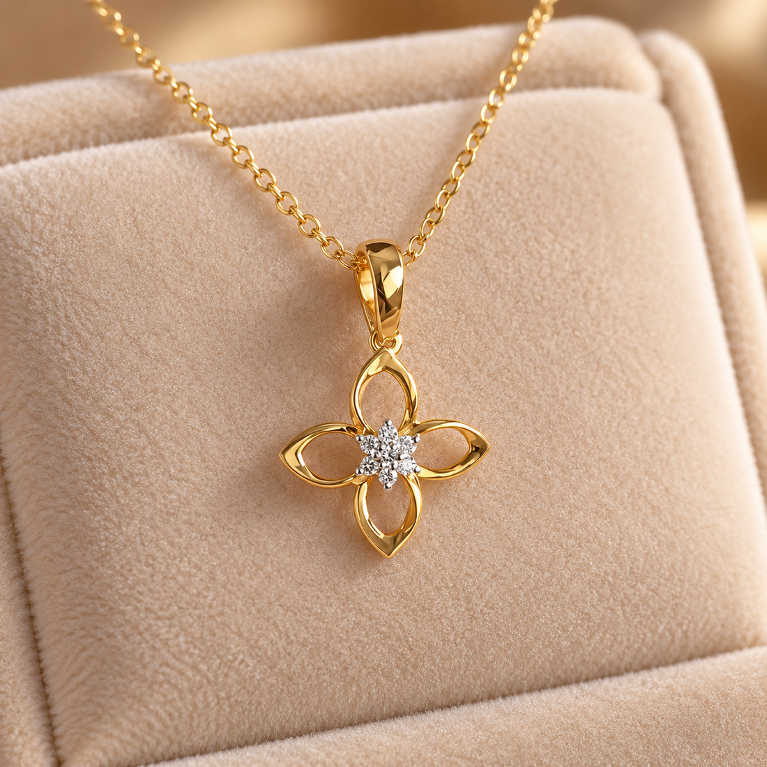 Four Petal Openwork Flower Yellow Gold Pendant Necklace