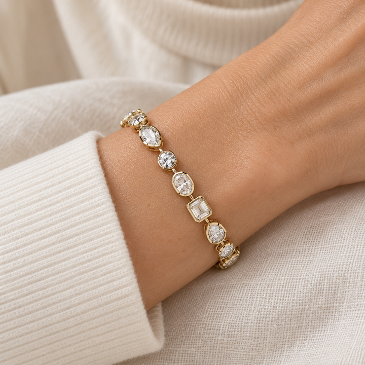 Mixed-Cut Bezel-Style Yellow Gold-Tone Station Bracelet
