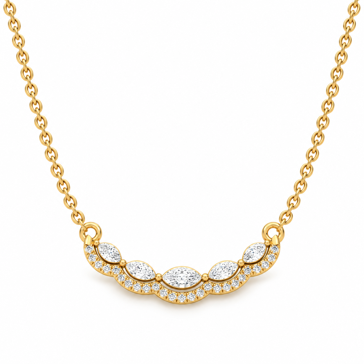 Five Marquise Cut Pavé Scallop Yellow Gold Necklace