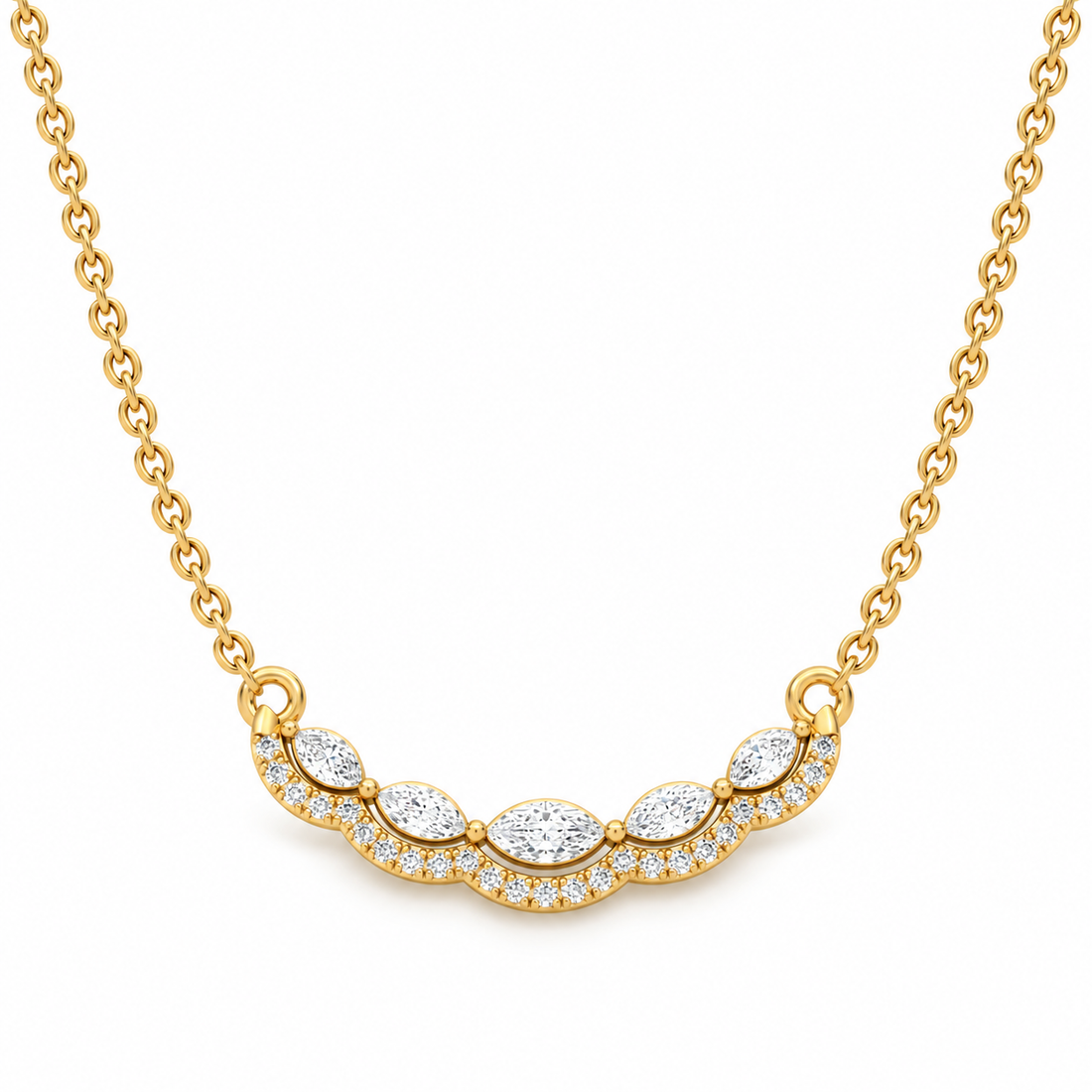 Five Marquise Cut Pavé Scallop Yellow Gold Necklace