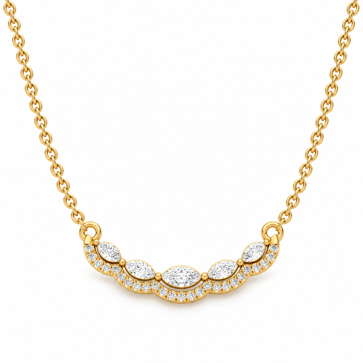 Five Marquise Cut Pavé Scallop Yellow Gold Necklace