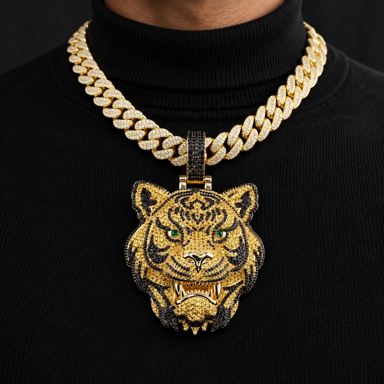 Roaring Tiger Head Yellow Gold-Tone Pavé Pendant with Black Stripes and Green Eyes