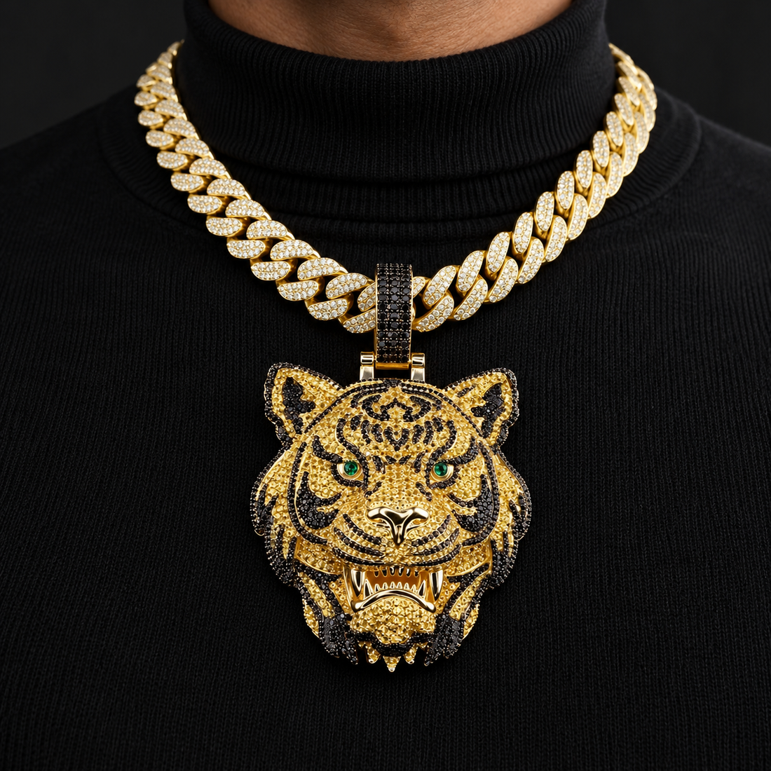 Roaring Tiger Head Yellow Gold-Tone Pavé Pendant with Black Stripes and Green Eyes