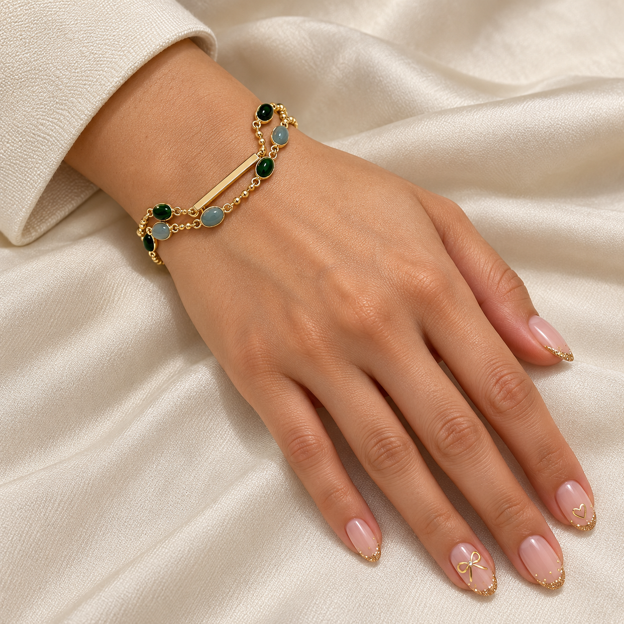 Green & Blue-Gray Oval Cabochon Double Strand Gold-Tone Bracelet