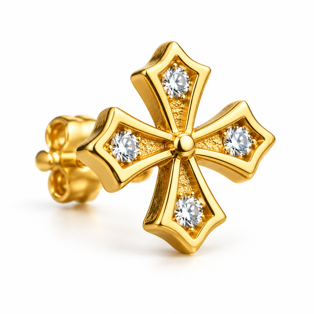 Men’s Flared Cross Yellow Gold-Tone Stud Earring with Four Round Stones