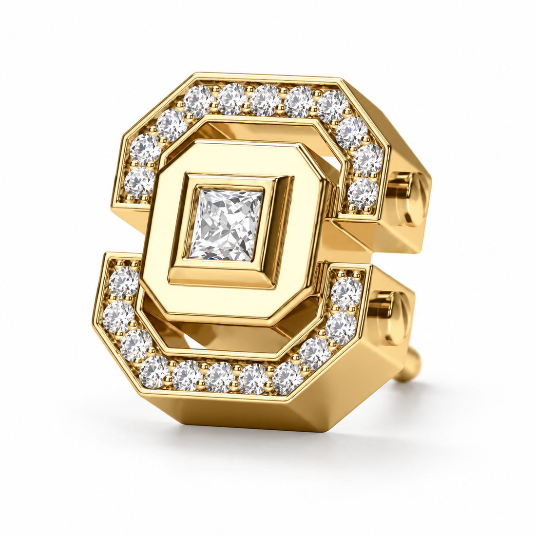 Men’s Square Center Stone Geometric Yellow Gold-Tone Stud Earring