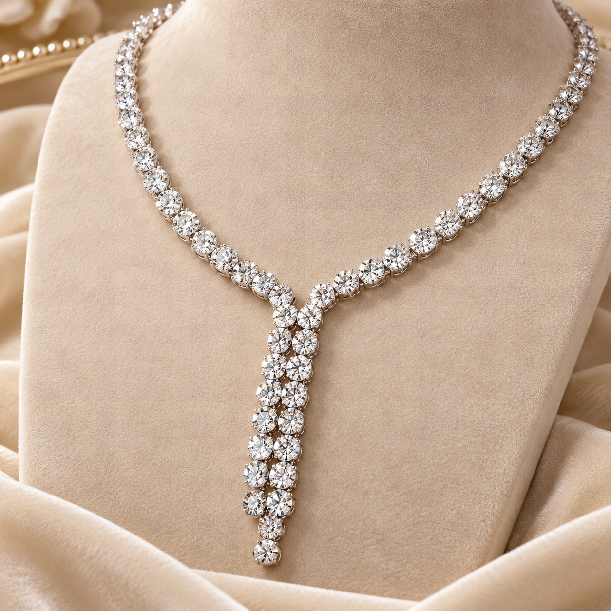 Round Cut Double Row Y Drop White Gold Diamond Necklace