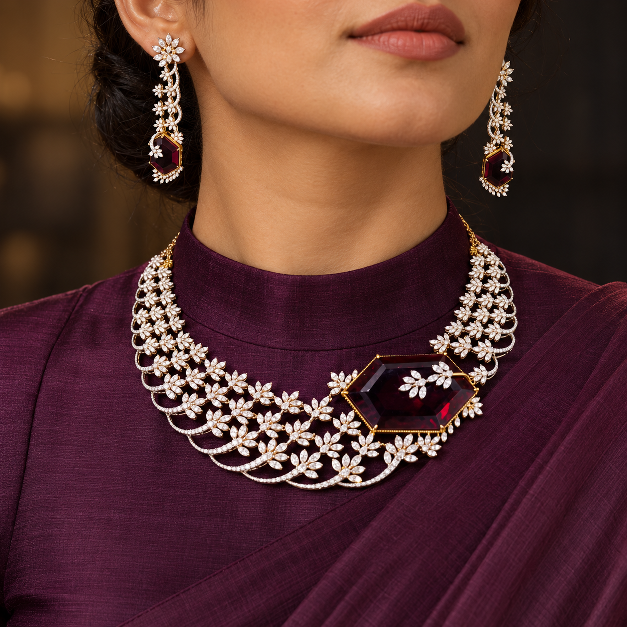 Moissanite Floral Scalloped Bridal Necklace and Earrings Set with Burgundy Accents