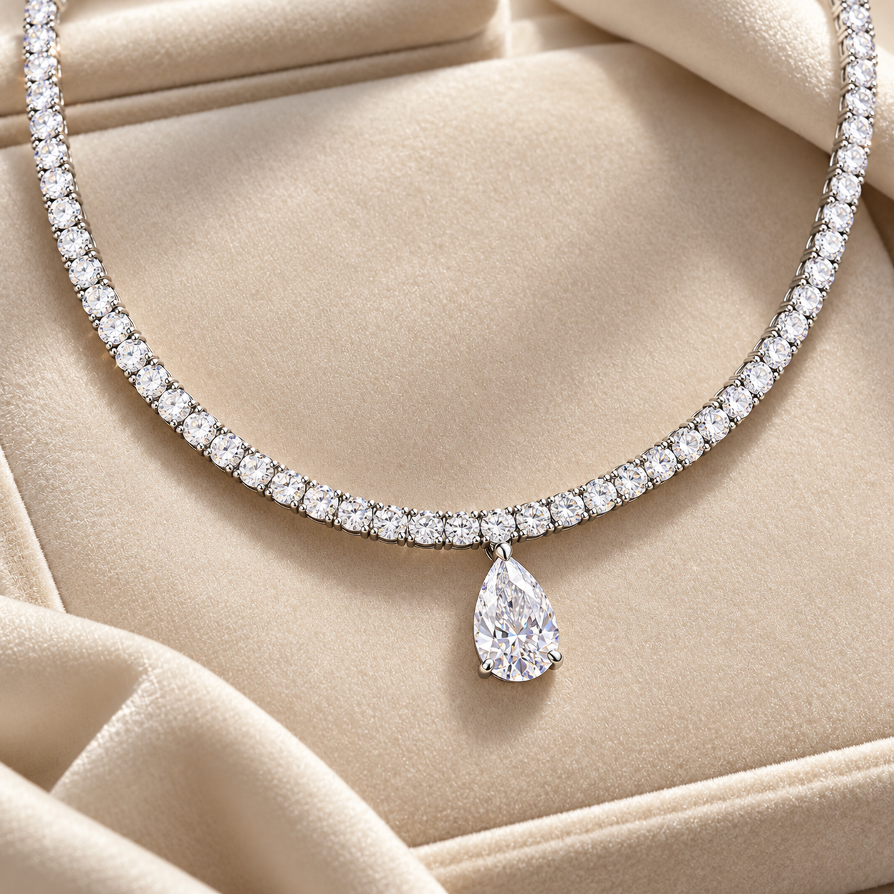 Gold Tennis NecklaceRound Cut Pear Drop White