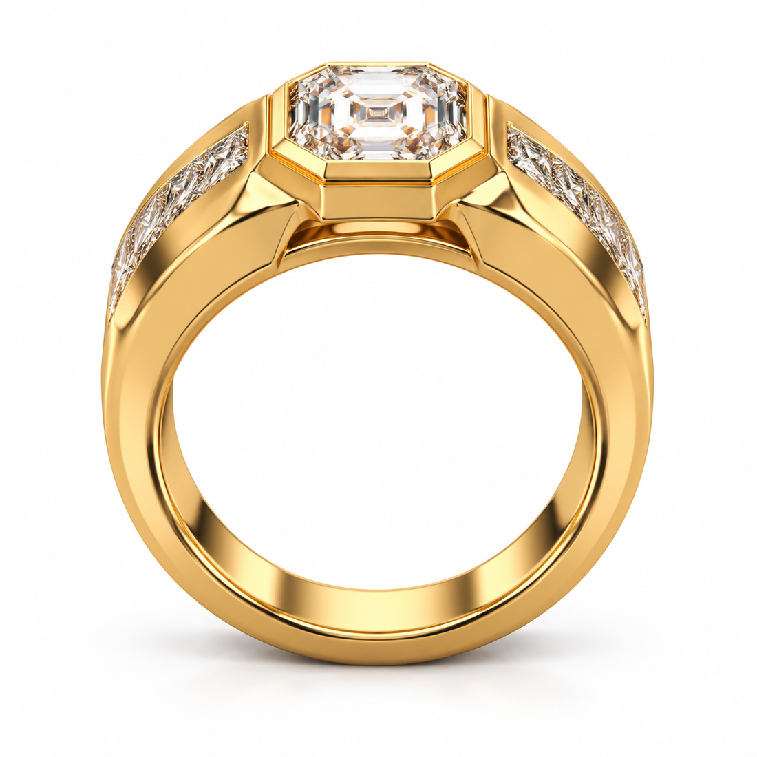 Asscher-Style Step Cut Yellow Gold-Tone Ring with Square Stone Shoulders