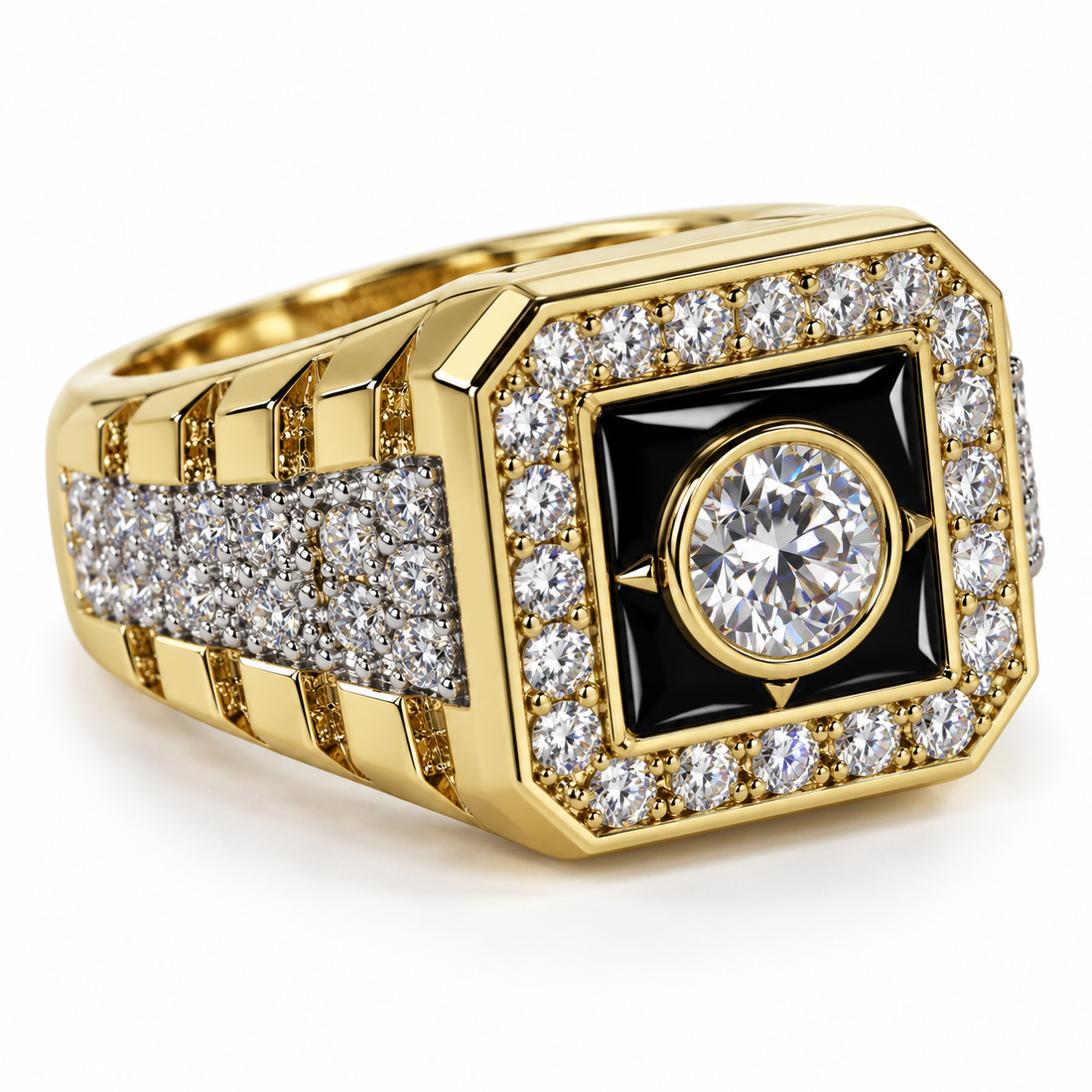 Black Square Round Stone Halo Iced Out Hip Hop Signet Ring
