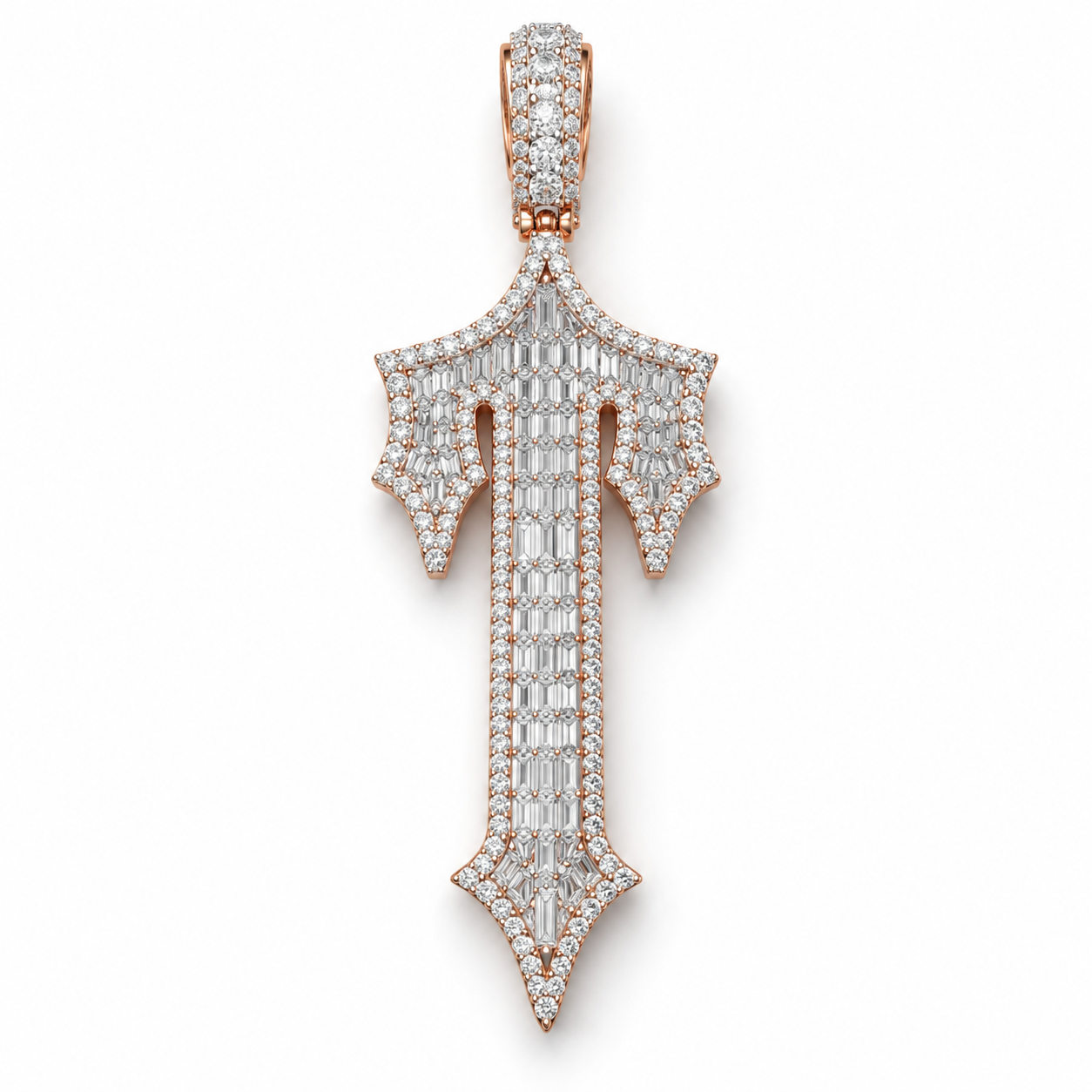 Gothic Letter T Baguette Iced Out Rose Gold-Tone Pendant – Custom Initial Hip Hop Jewelry