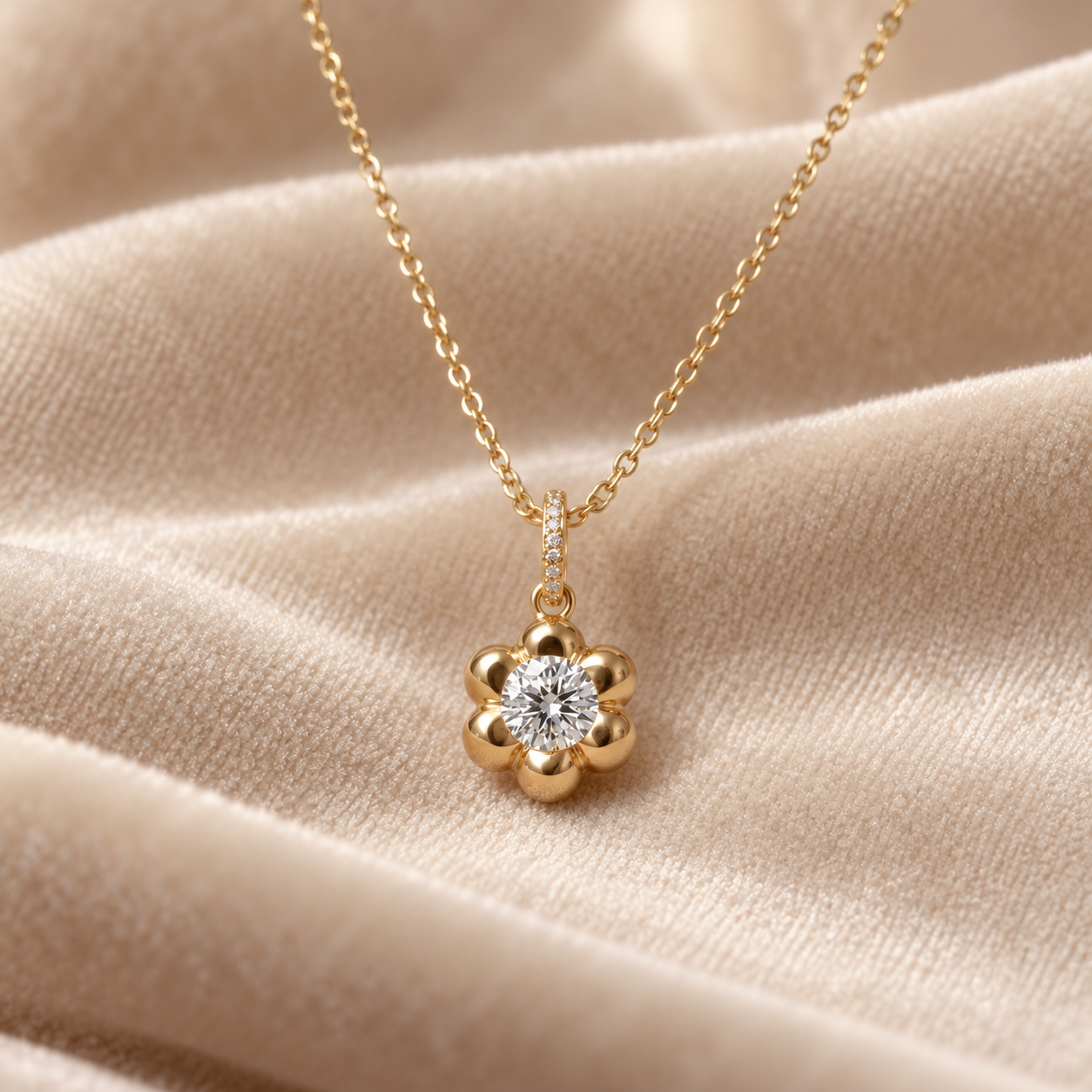 Round Cut Solitaire Six Petal Yellow Gold Flower Pendant Necklace