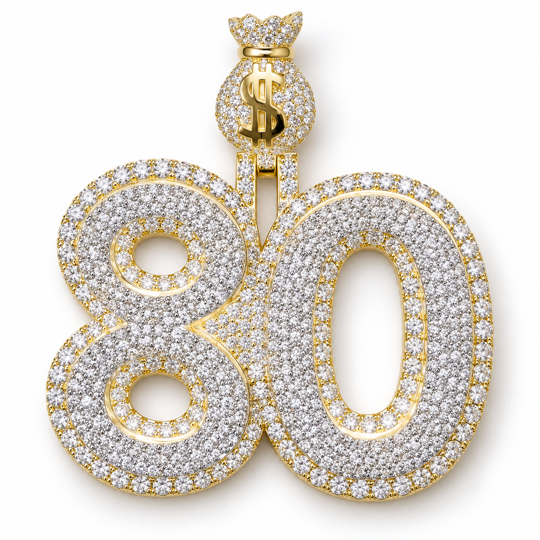 Custom Number 80 Iced Out Yellow Gold-Tone Pendant with Money Bag Bail – Hip Hop Jewelry