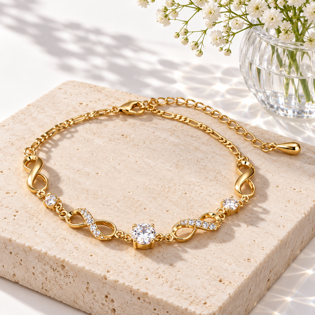 Clear Round Stone Infinity Link Yellow Gold-Tone Bracelet