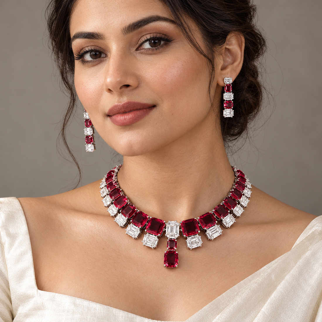 Deep Red and Clear Geometric Bridal Necklace and Drop Earrings Set