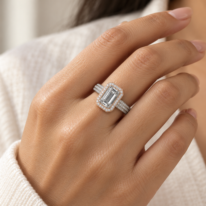 Women’s Two-Tone Emerald-Cut Halo Ring with Triple-Row Pavé Band