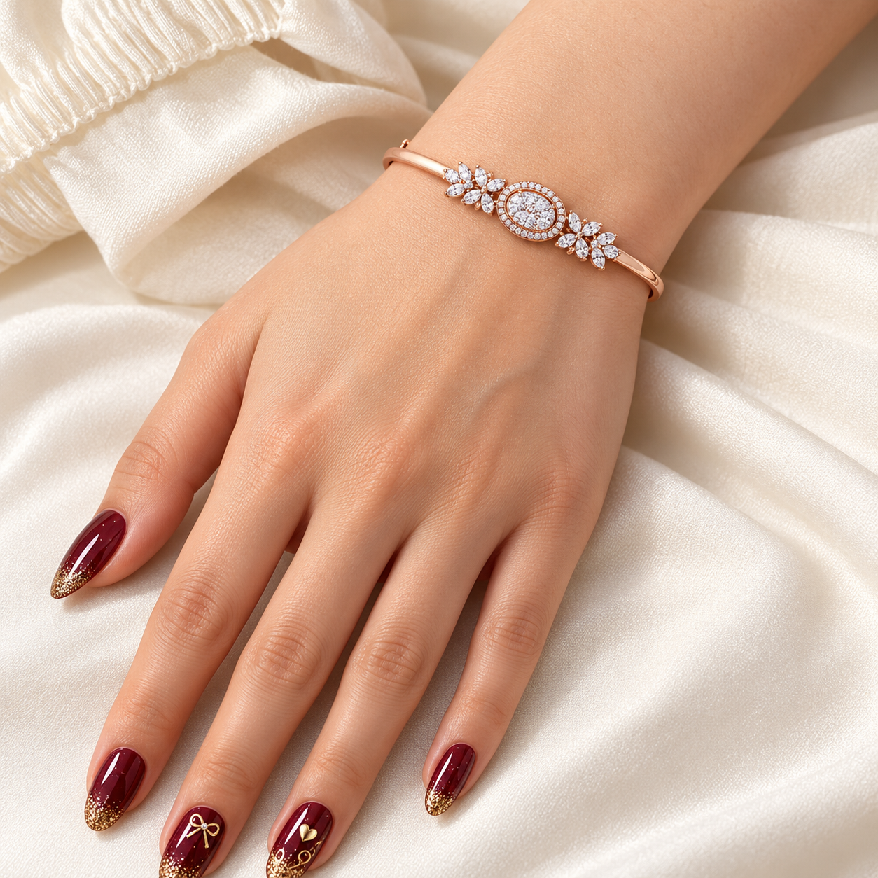 Rose Gold-Tone Oval Halo Cluster Bangle with Marquise Leaves