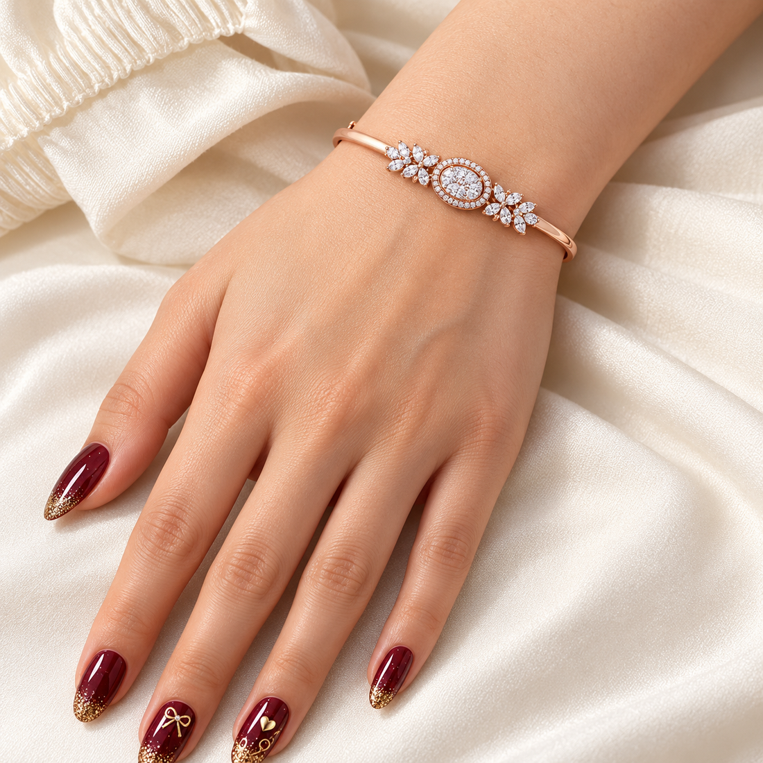 Rose Gold-Tone Oval Halo Cluster Bangle with Marquise Leaves