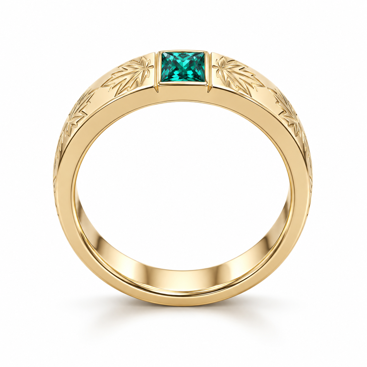 Green Princess Cut Yellow Gold-Tone Band Ring with Maple Leaf Engravings