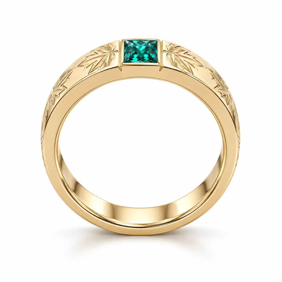 Green Princess Cut Yellow Gold-Tone Band Ring with Maple Leaf Engravings
