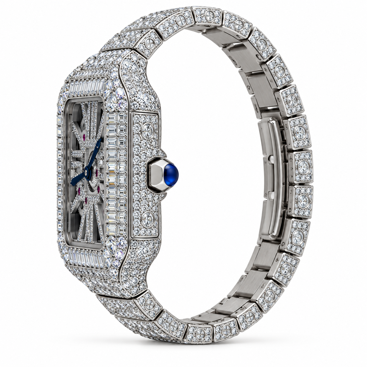 Iced Out Square Skeleton Baguette Bezel Watch – Custom Diamond Statement Watch