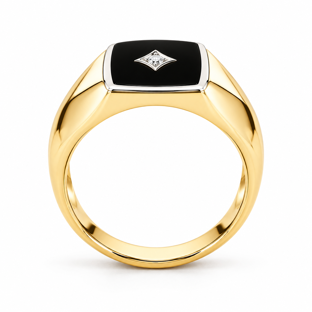 Black Panel Two-Tone Signet Ring with Star Motif Stone Accent