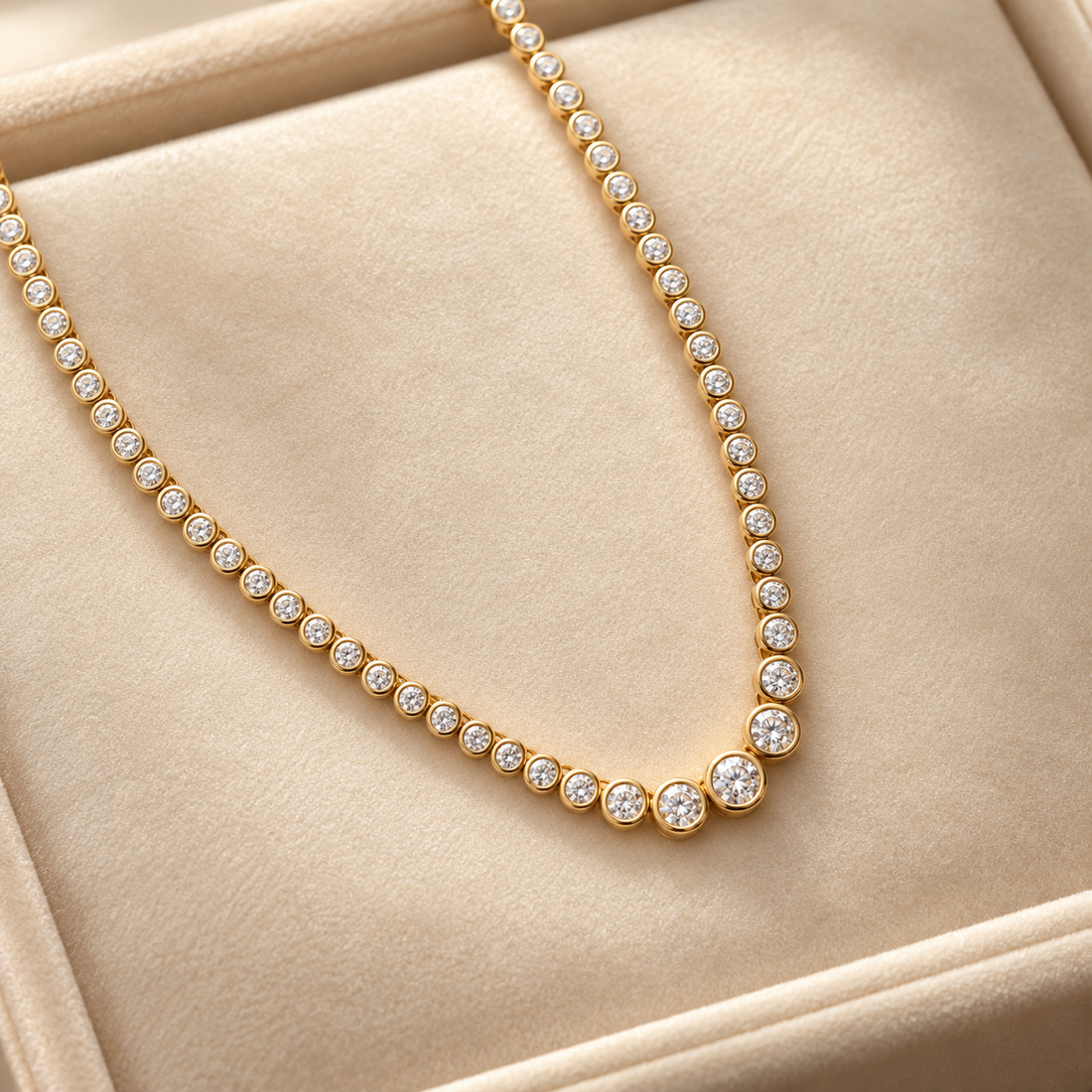 Graduated Round Cut Bezel Set Yellow Gold Tennis Necklace