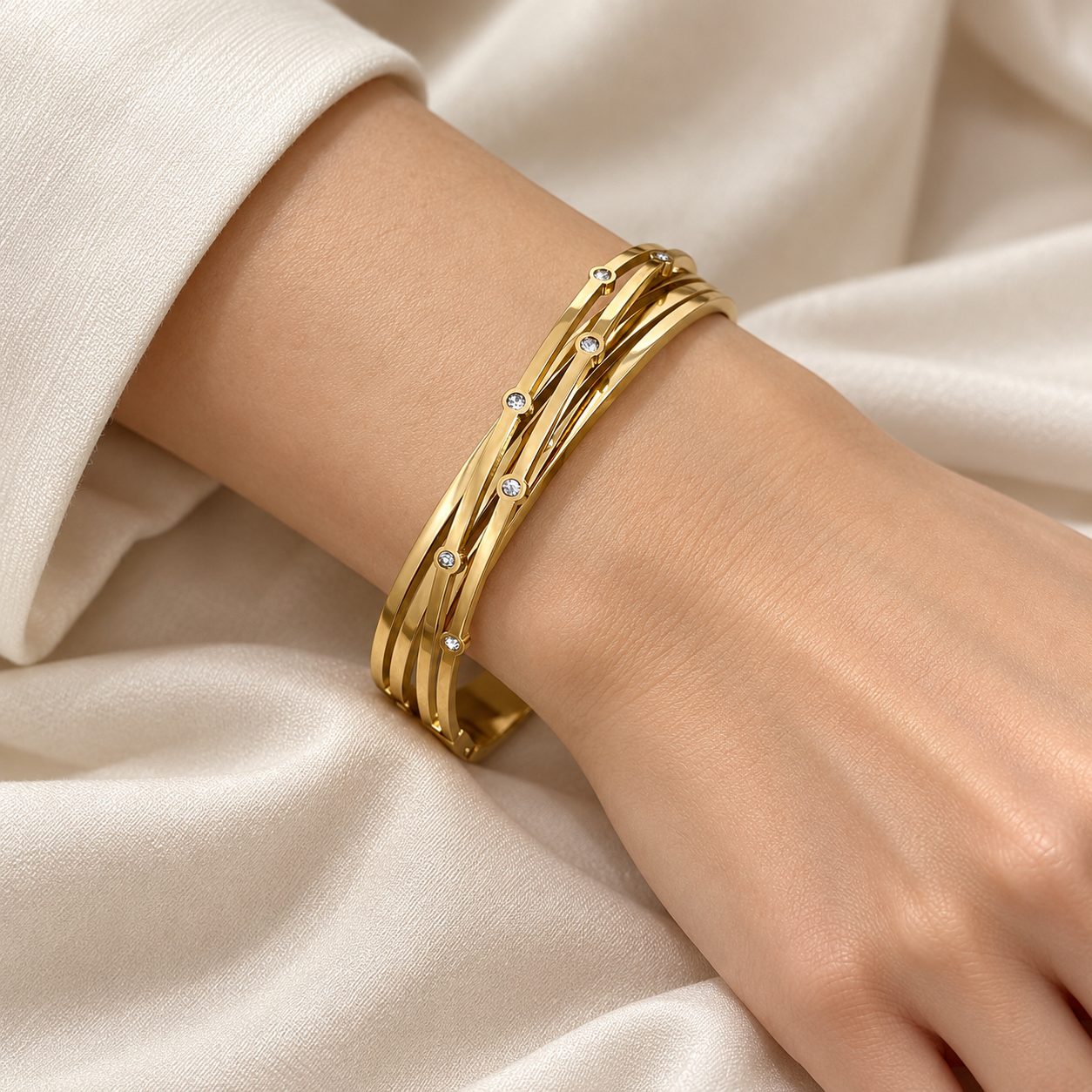 Clear Round Stone Crossover Multi-Row Yellow Gold-Tone Bangle Bracelet