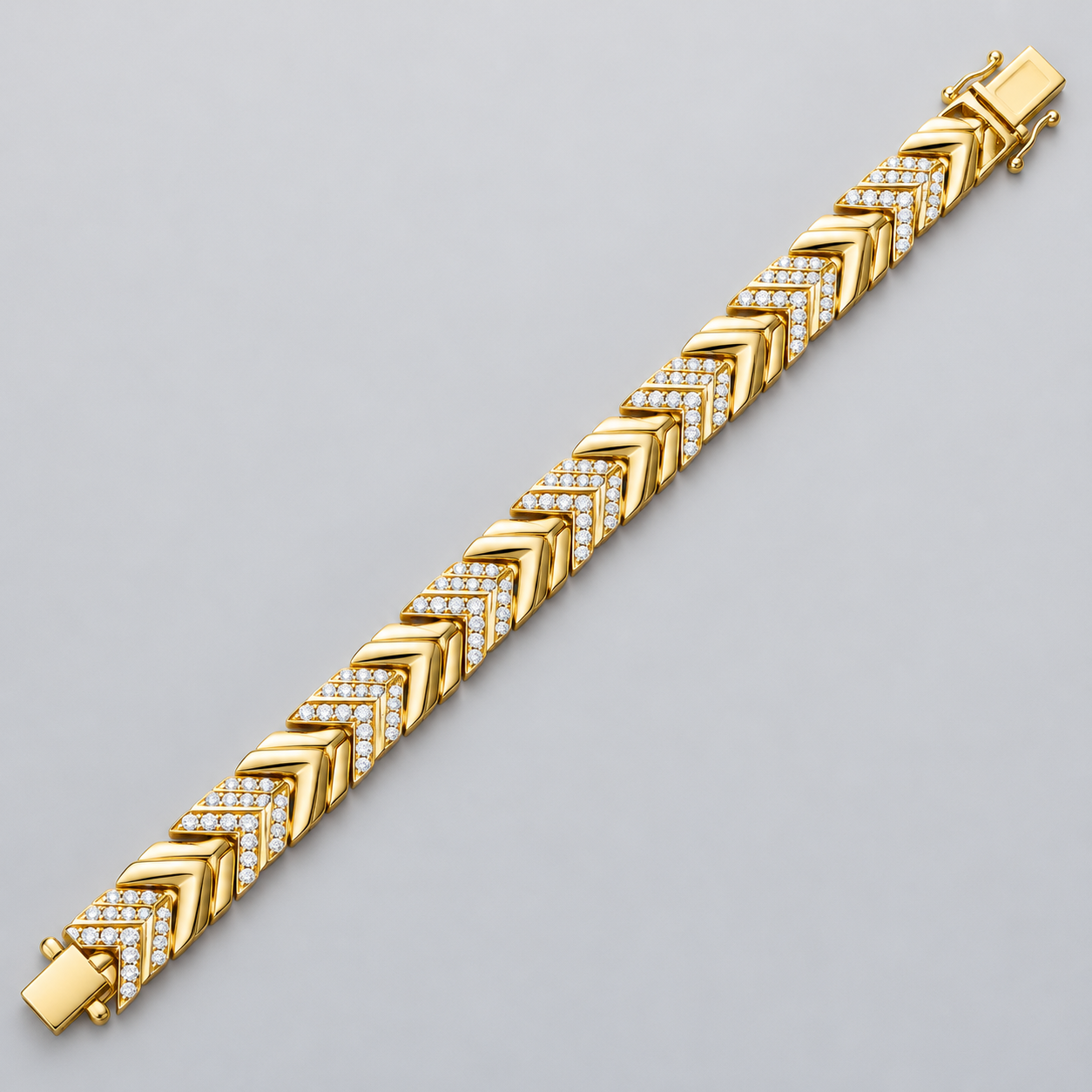 Yellow Gold-Tone Double Chevron Link Bracelet with Clear Stone Accents