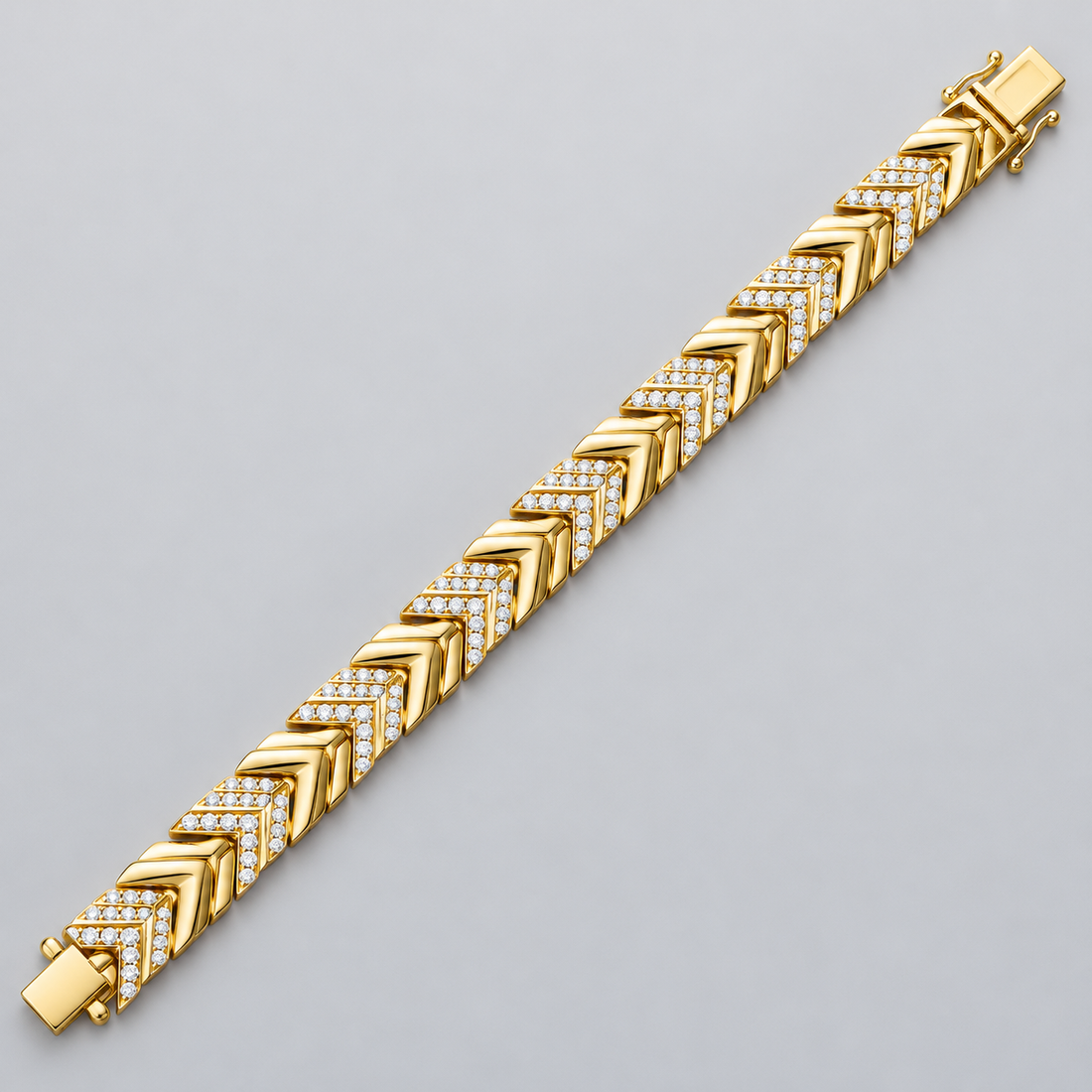 Yellow Gold-Tone Double Chevron Link Bracelet with Clear Stone Accents