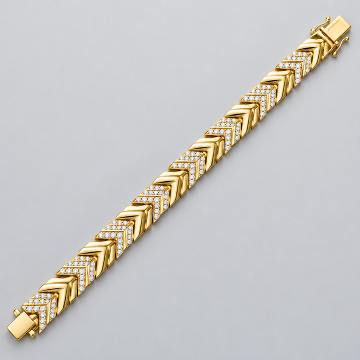 Yellow Gold-Tone Double Chevron Link Bracelet with Clear Stone Accents