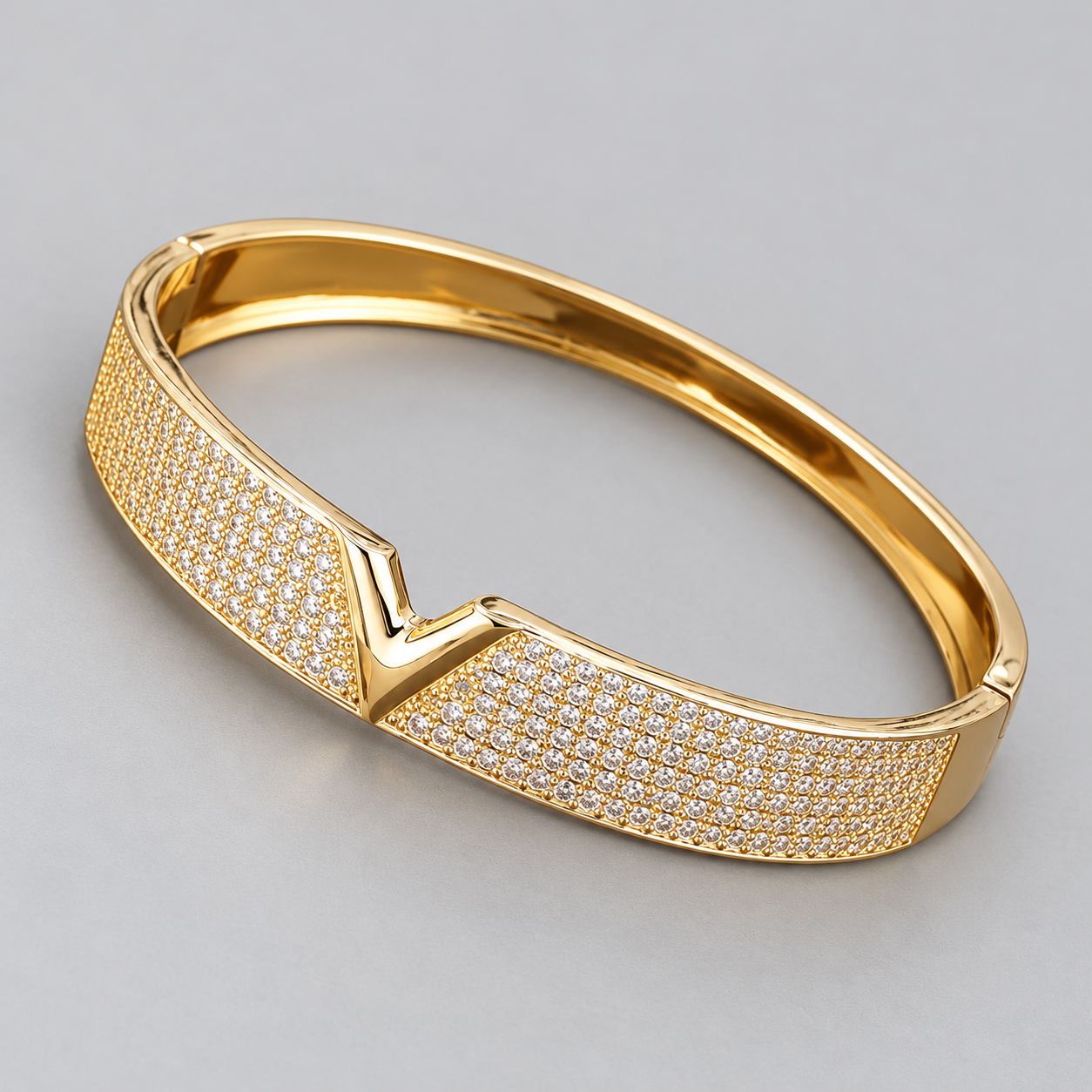 Yellow Gold-Tone V-Motif Pavé Statement Bangle