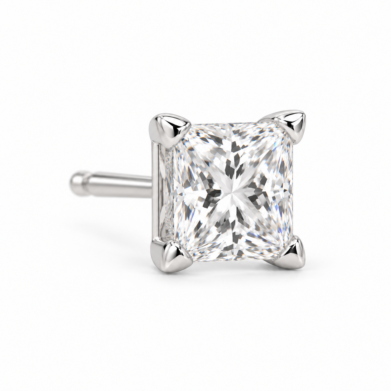 Men’s Princess Cut Solitaire Silver-Tone Four-Prong Stud Earring
