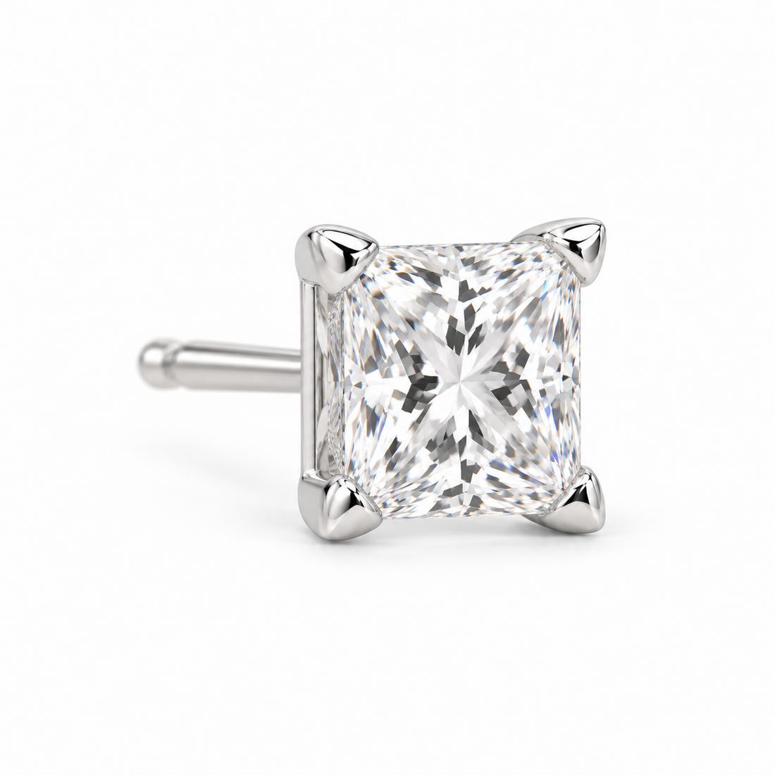 Men’s Princess Cut Solitaire Silver-Tone Four-Prong Stud Earring