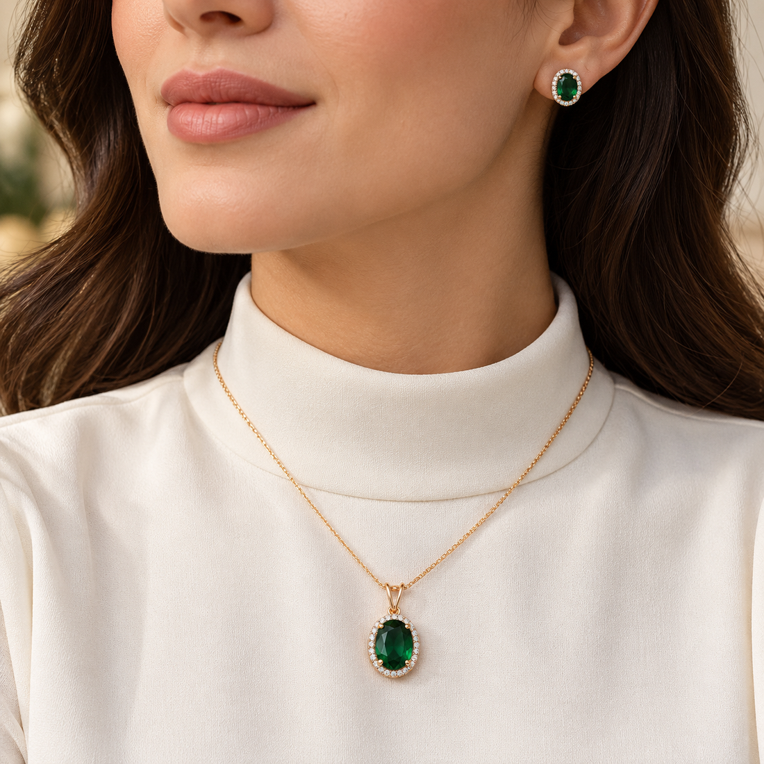 Oval Green Halo Yellow Gold-Tone Pendant and Stud Earrings Set