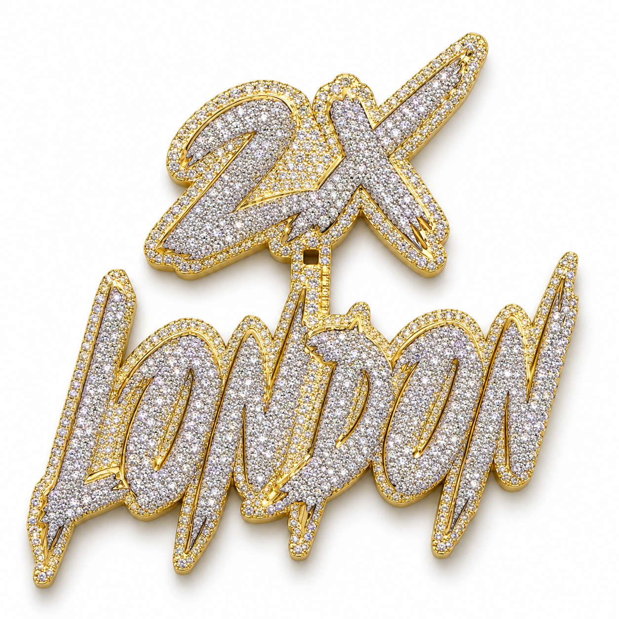 Custom 2X London Graffiti Name Iced Out Two Tone Pendant – Personalized Hip Hop Jewelry