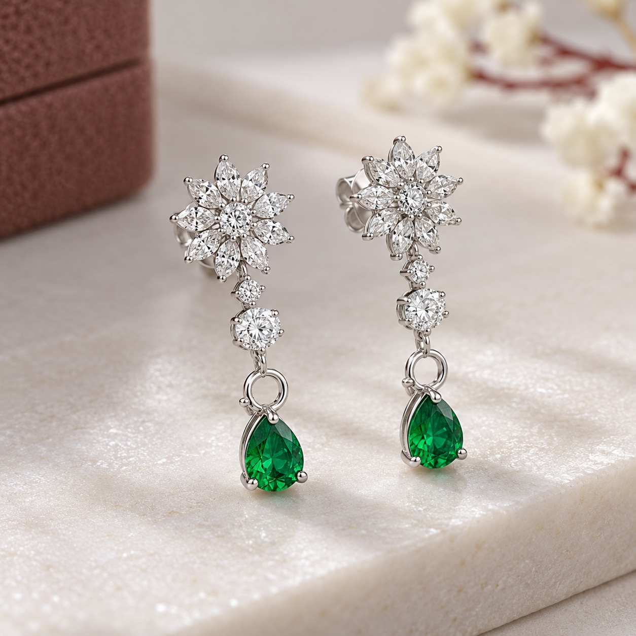 Green Pear Drop Earrings with Marquise Flower Cluster