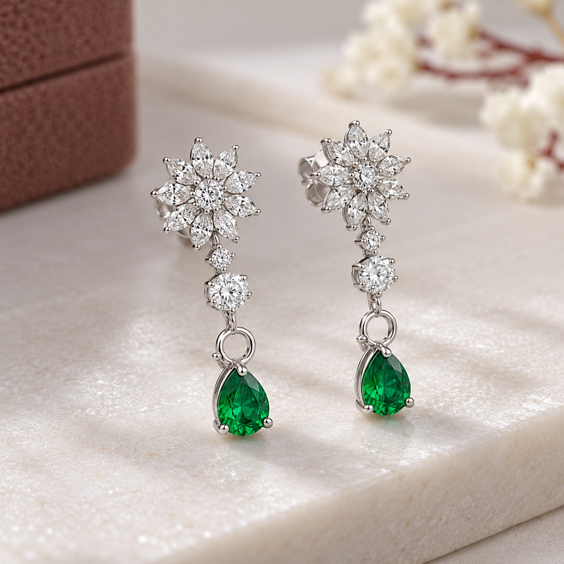 Green Pear Drop Earrings with Marquise Flower Cluster