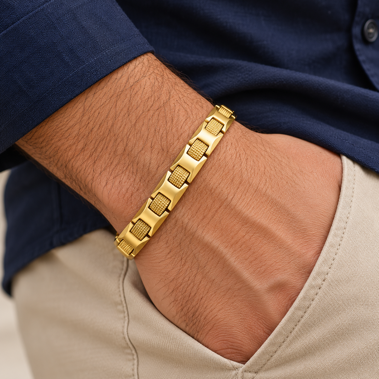 Yellow Gold-Tone H-Link Bracelet with Beaded Connector Details