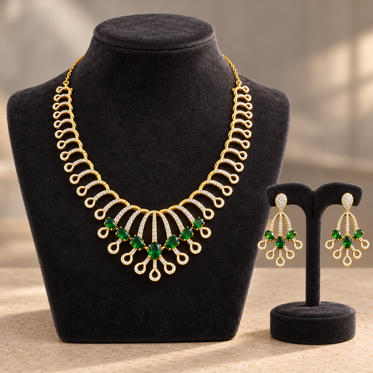 Green Oval Stone and Pavé Teardrop Loop Gold-Tone Necklace and Earrings Set