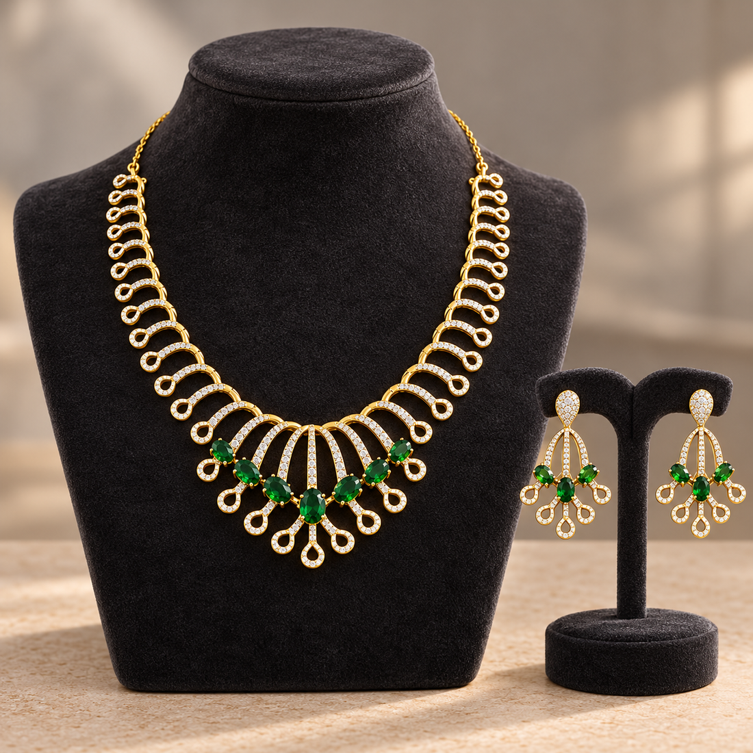 Green Oval Stone and Pavé Teardrop Loop Gold-Tone Necklace and Earrings Set