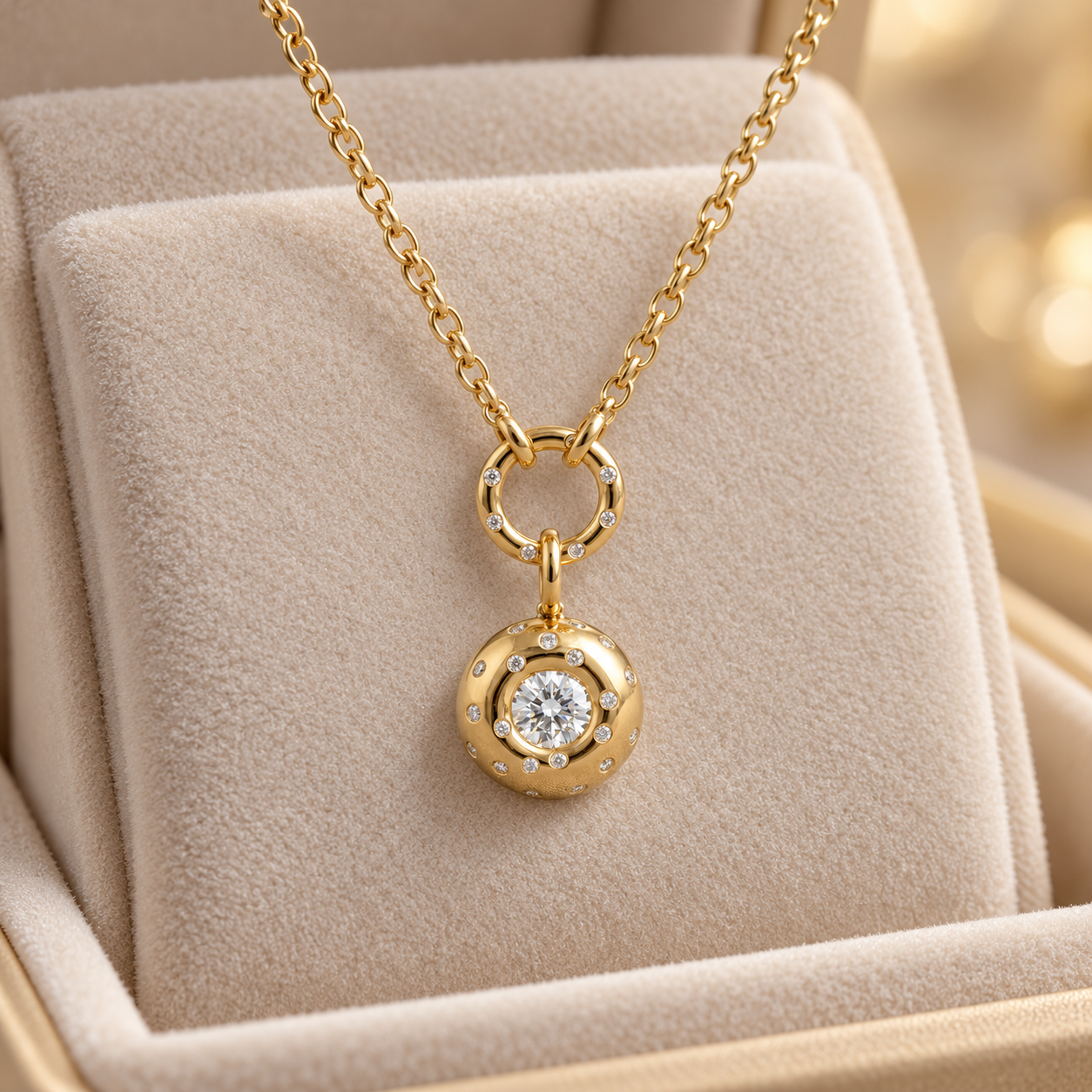 Round Cut Solitaire Dome Drop Yellow Gold Pendant Necklace