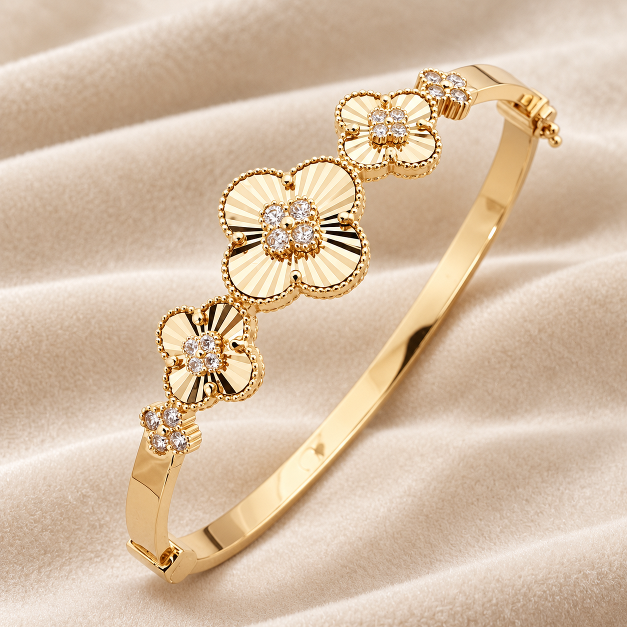 Clear Stone Fluted Clover Flower Yellow Gold-Tone Bangle Bracelet
