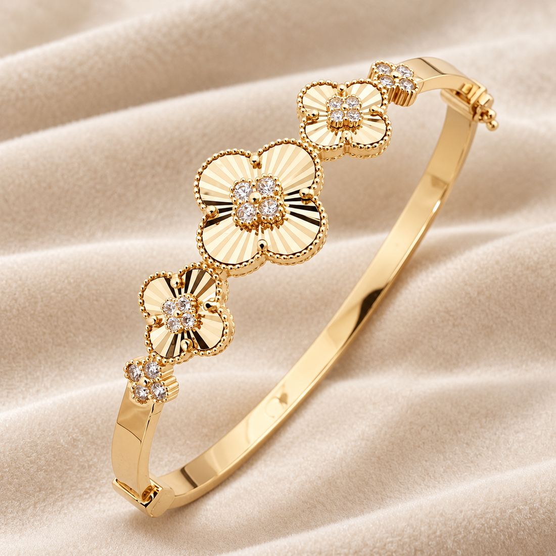 Clear Stone Fluted Clover Flower Yellow Gold-Tone Bangle Bracelet