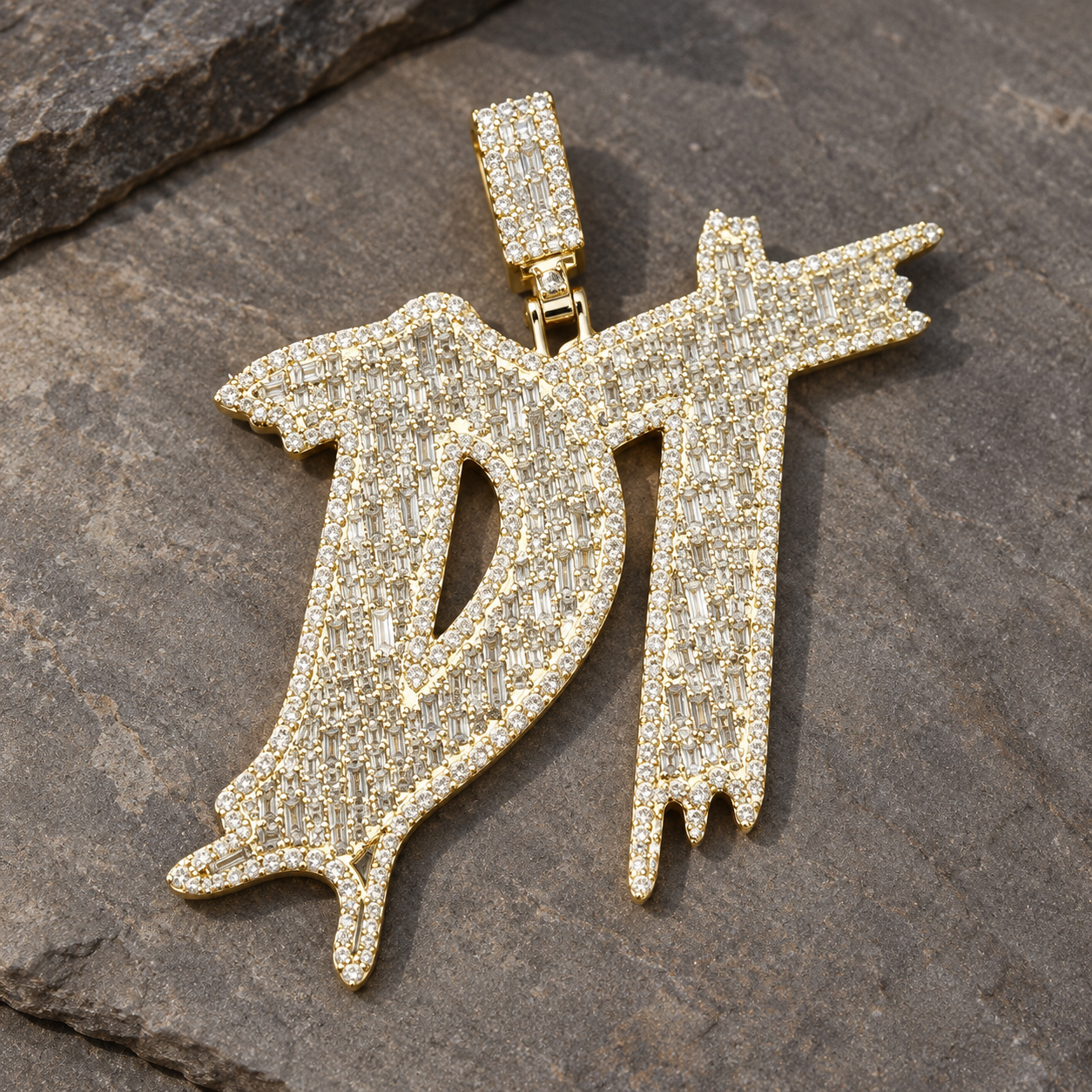 DT Initial Yellow Gold-Tone Pendant with Baguette and Round Stones in Dripping Graffiti Style