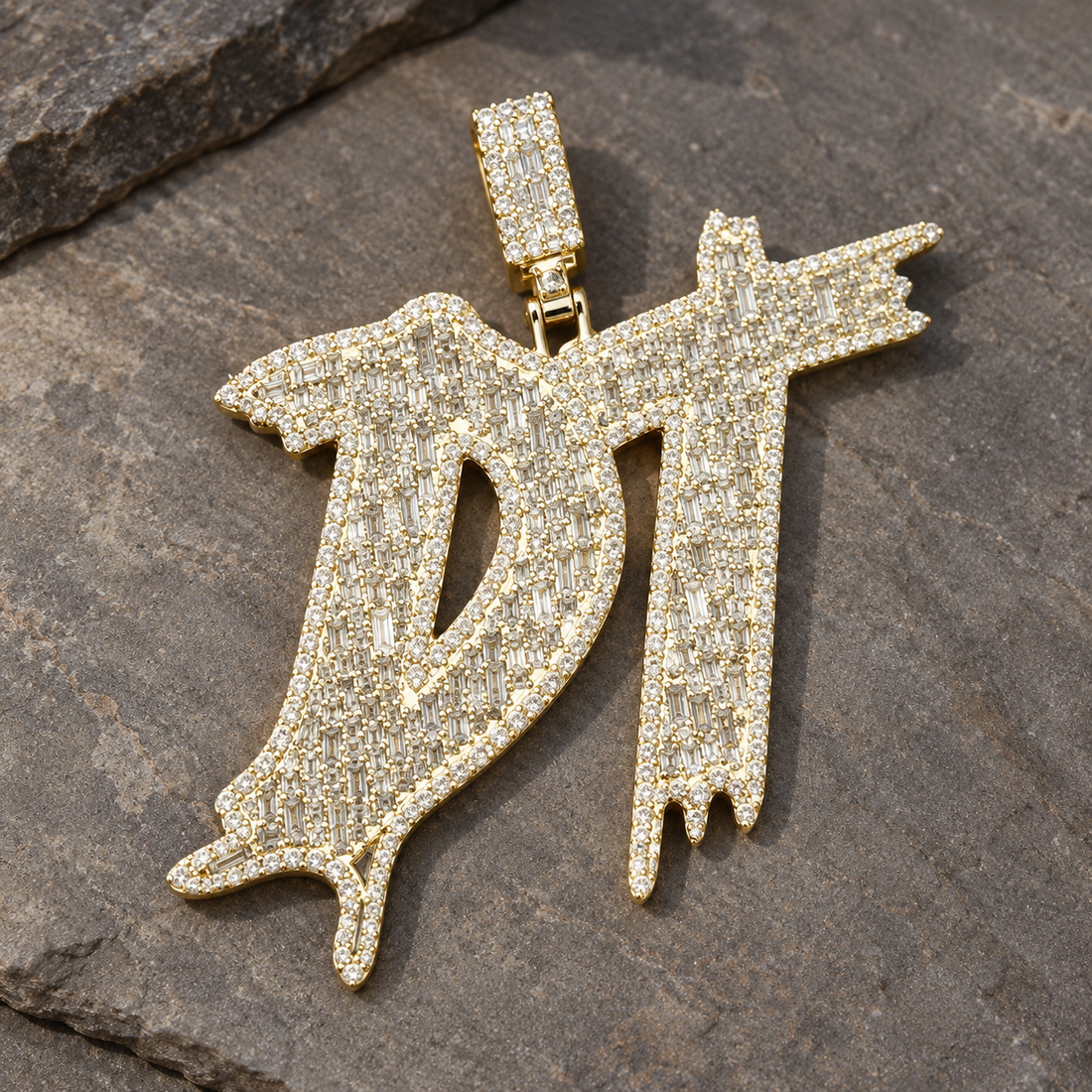 DT Initial Yellow Gold-Tone Pendant with Baguette and Round Stones in Dripping Graffiti Style